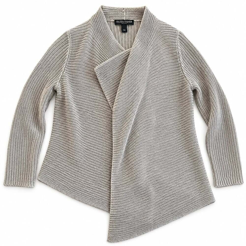 Eileen Fisher Petite PM Pewter Gray Organic Linen Asymmetric Cardigan Sweater